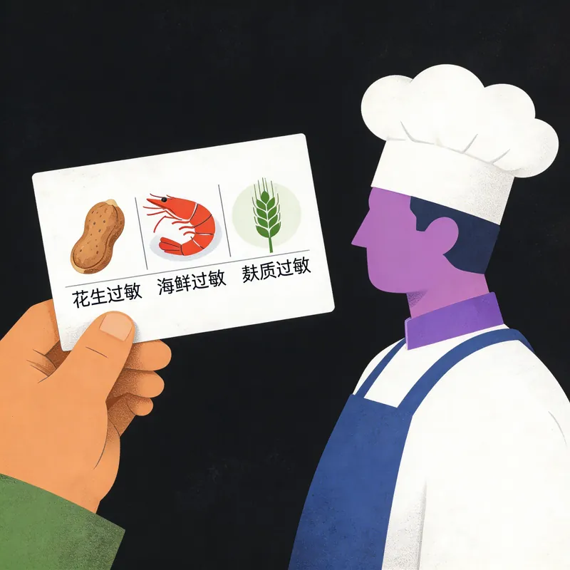Showing a food allergy card with peanut, shellfish, and gluten icons to a chef
