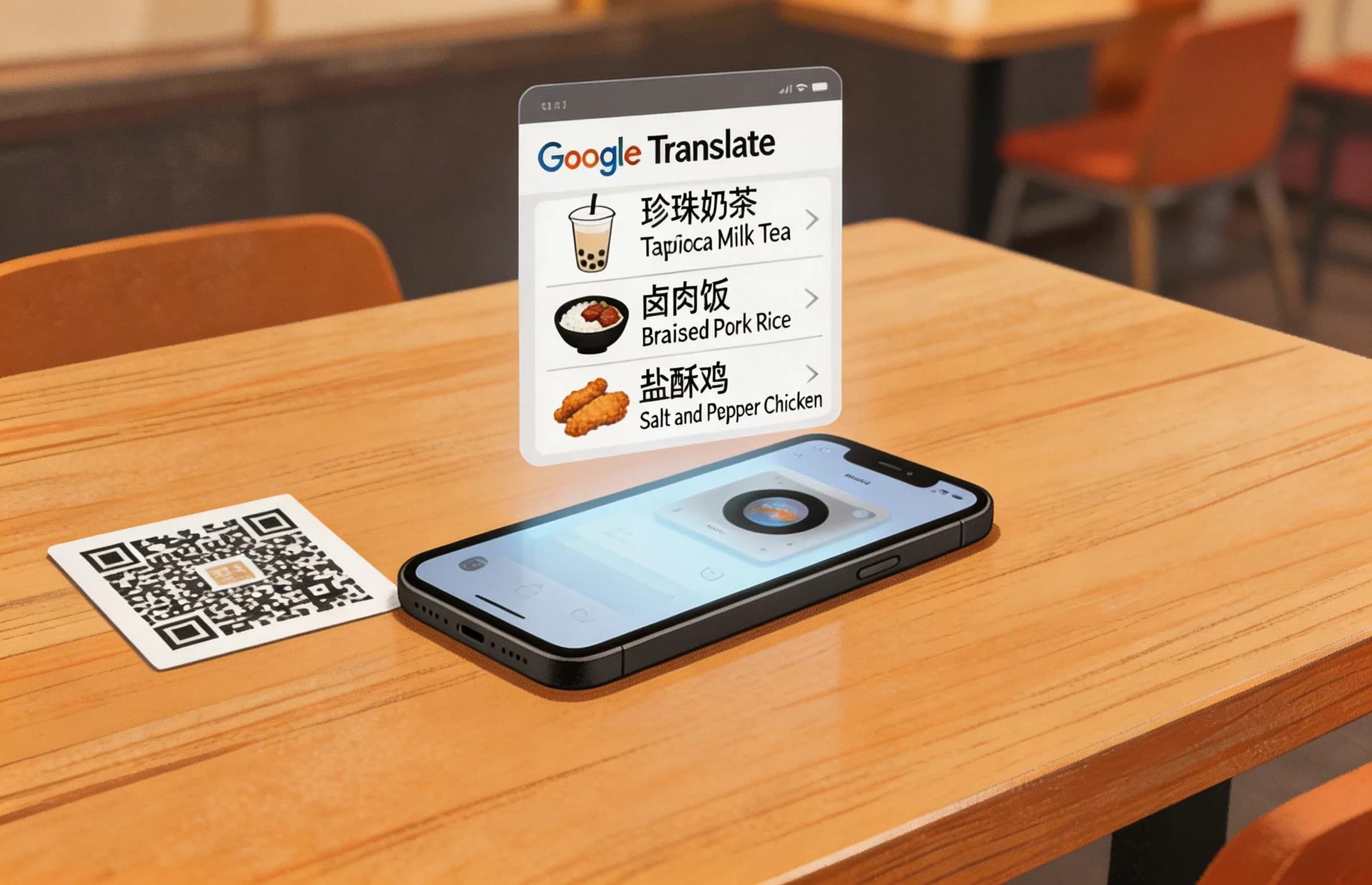 Phone scanning a table QR code with Google Translate overlaying English on the Chinese menu