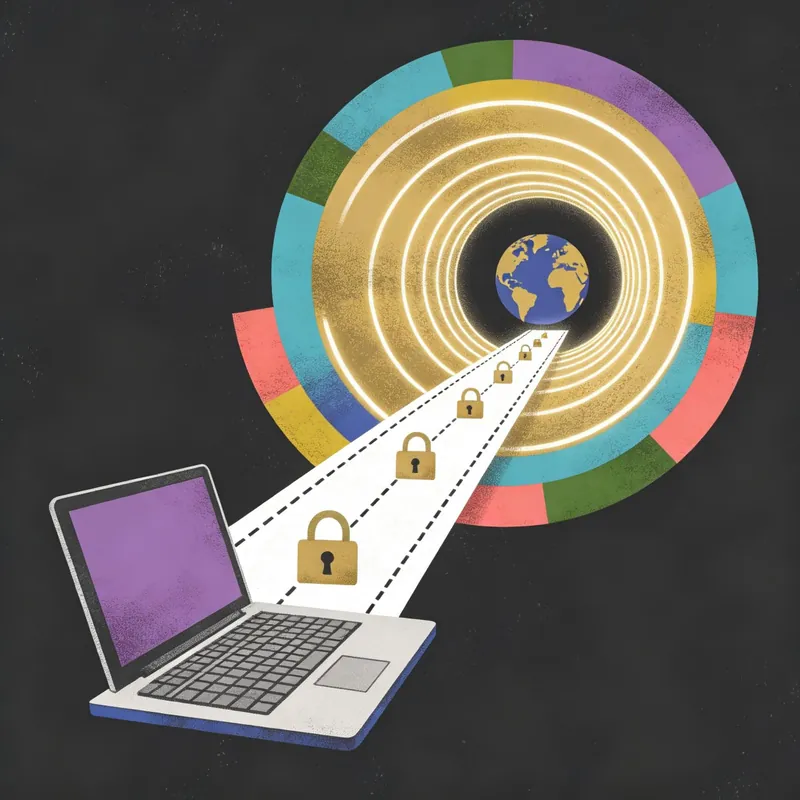 Laptop connecting through encrypted VPN tunnel to the global internet — bypassing the Great Firewall