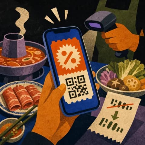 Editorial collage of a Dianping coupon QR code at a Shenzhen hotpot table