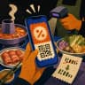Editorial collage of a Dianping coupon QR code at a Shenzhen hotpot table