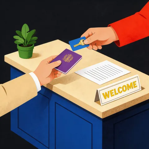 Illustrated hotel check-in with passport registration in China