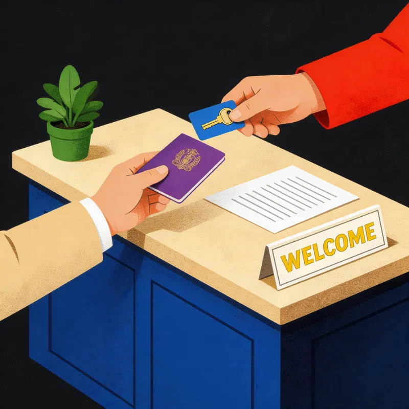 Illustrated hotel check-in with passport registration in China