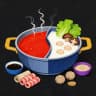 Illustrated Sichuan-style hotpot with split broth, meat rolls, and dipping sauces