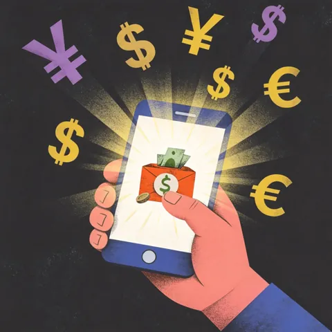 Illustrated hand holding a phone with currency symbols — Alipay and WeChat Pay setup