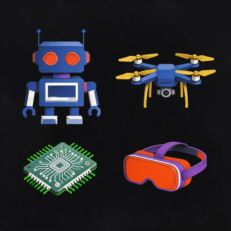 Illustrated robots, chips, VR headsets, and drones — Shenzhen tech scene