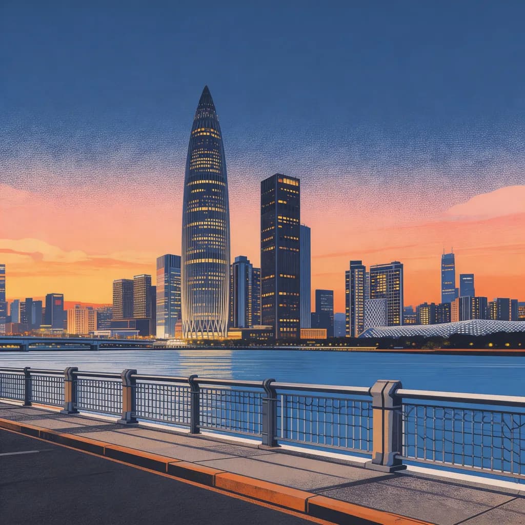 Shenzhen skyline at dusk — China Resources Tower and Futian district viewed from the waterfront