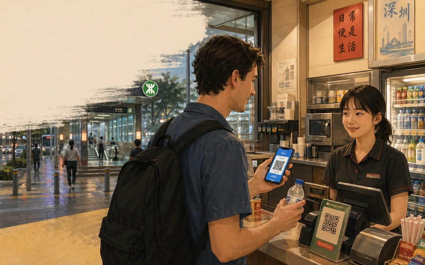 Traveler testing Alipay QR payment with a bottled water at a Shenzhen convenience store