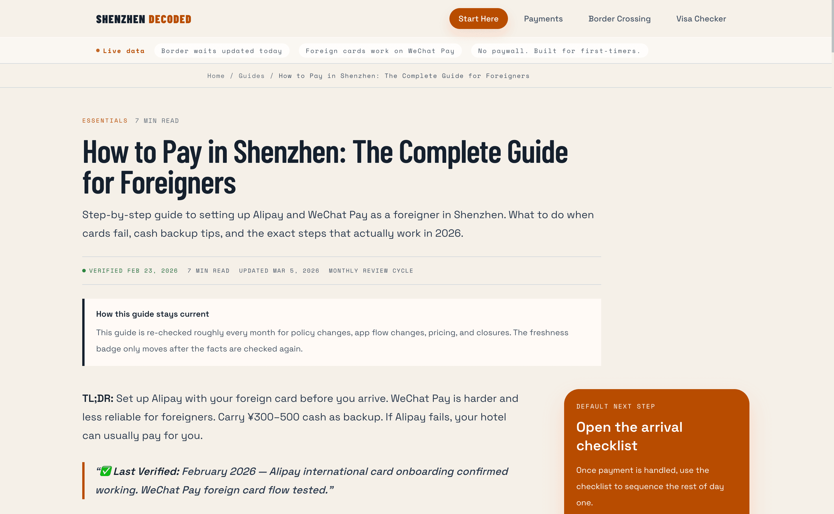 Screenshot of the Shenzhen Decoded payment guide showing the fast answer and payment setup sections.