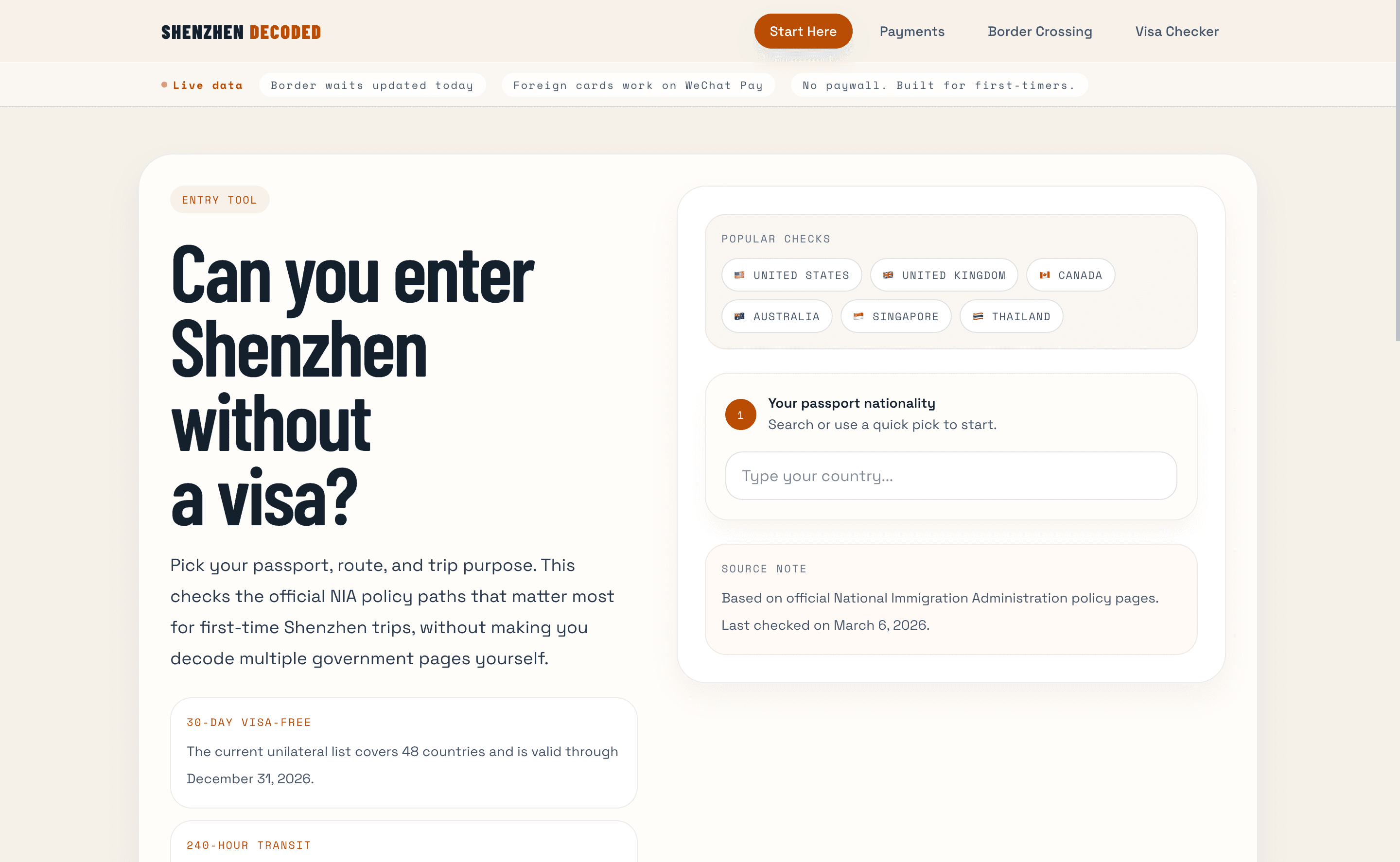 Screenshot of the Shenzhen Decoded visa checker showing a sample decision result and policy details.