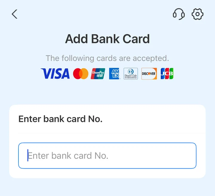Alipay Add Bank Card screen with an empty card-number field and Visa, Mastercard, Amex, Discover and JCB logos