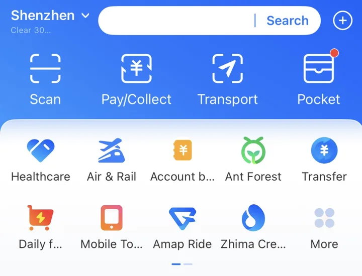 Alipay home screen in English with the Scan, Pay/Collect and Transport buttons and the city set to Shenzhen