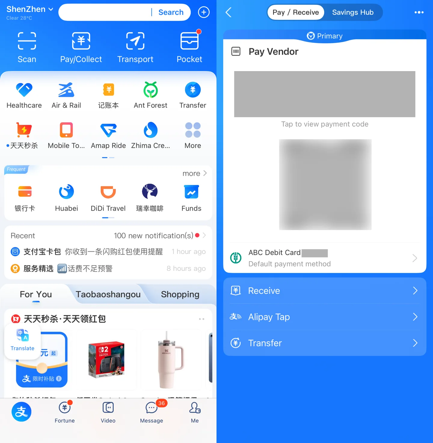 Two Alipay screens: the home screen with Scan and Pay/Collect at the top, and the Pay Vendor screen with the payment code hidden and the default payment card row below