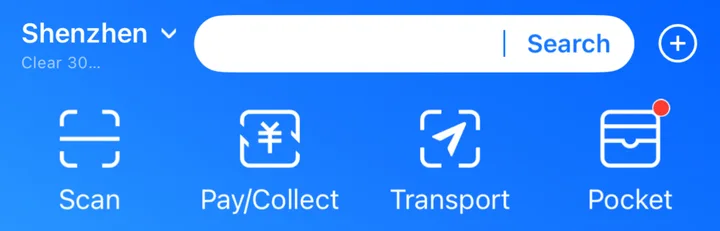 Alipay home screen top bar showing the Scan, Pay/Collect, Transport and Pocket buttons