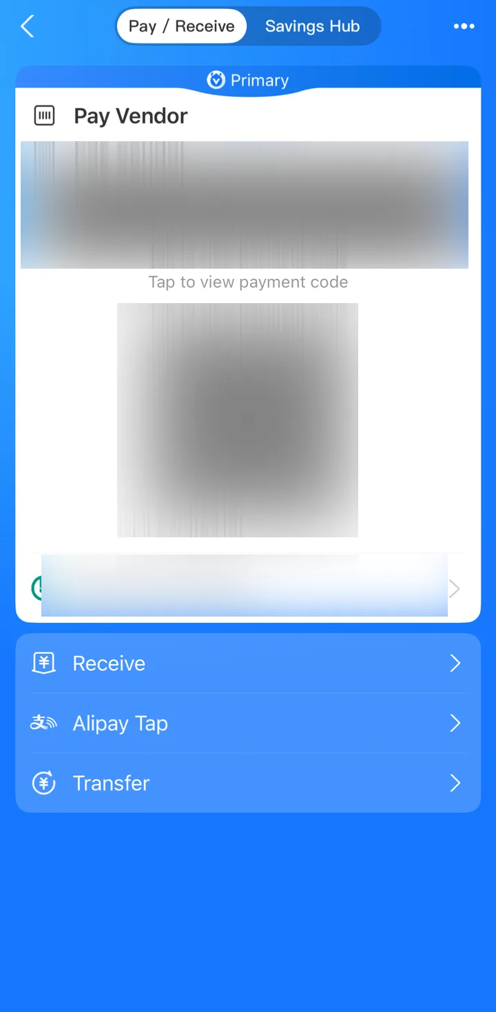 Alipay Pay / Receive screen showing a redacted barcode, QR code and linked card