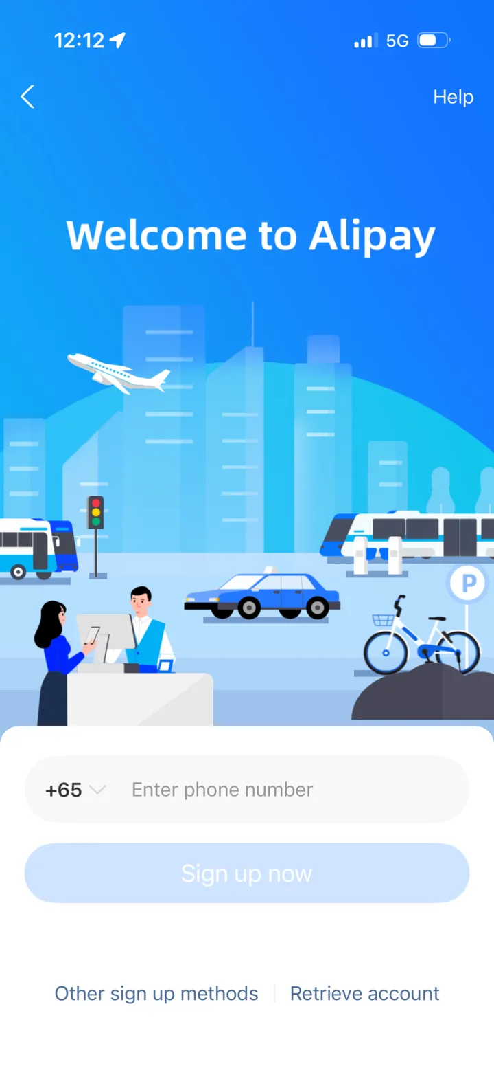 Alipay sign-up screen for a foreign visitor with the +65 Singapore country code selected and an empty phone number field