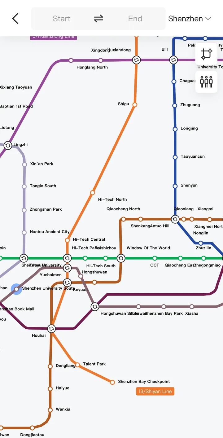 Amap metro map in English showing Shenzhen lines around Shenzhen University and Houhai, with Start and End route fields
