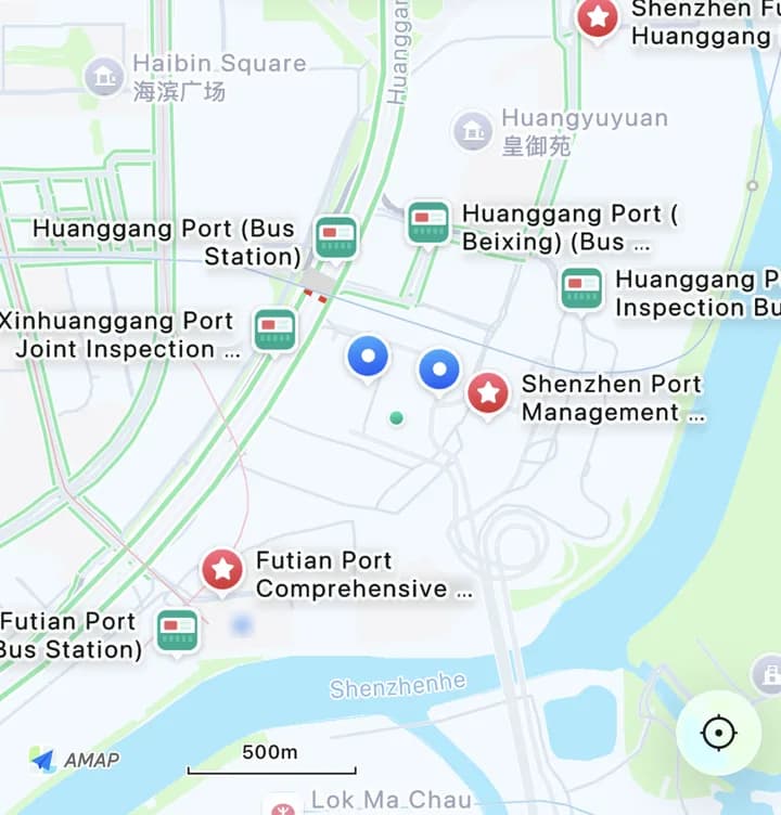 Amap view of the Huanggang and Futian border crossings, with Lok Ma Chau across the Shenzhen River