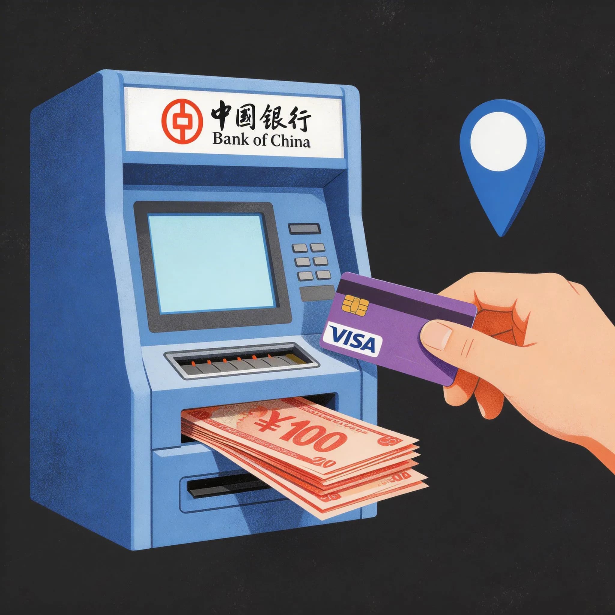 Bank of China ATM dispensing yuan bills with a Visa card — where to get cash in Shenzhen