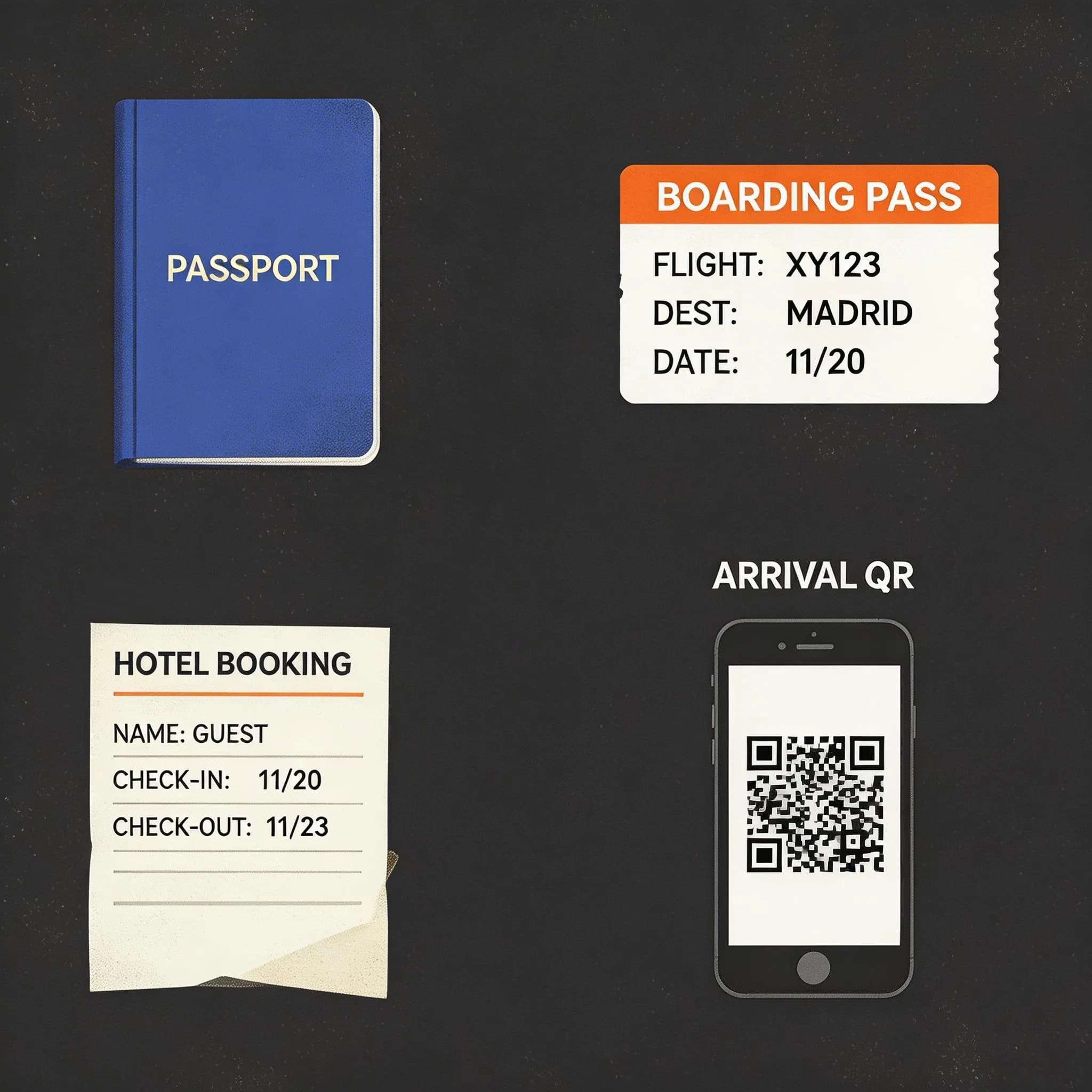 Documents to prepare — passport, boarding pass, hotel booking, and digital arrival QR code