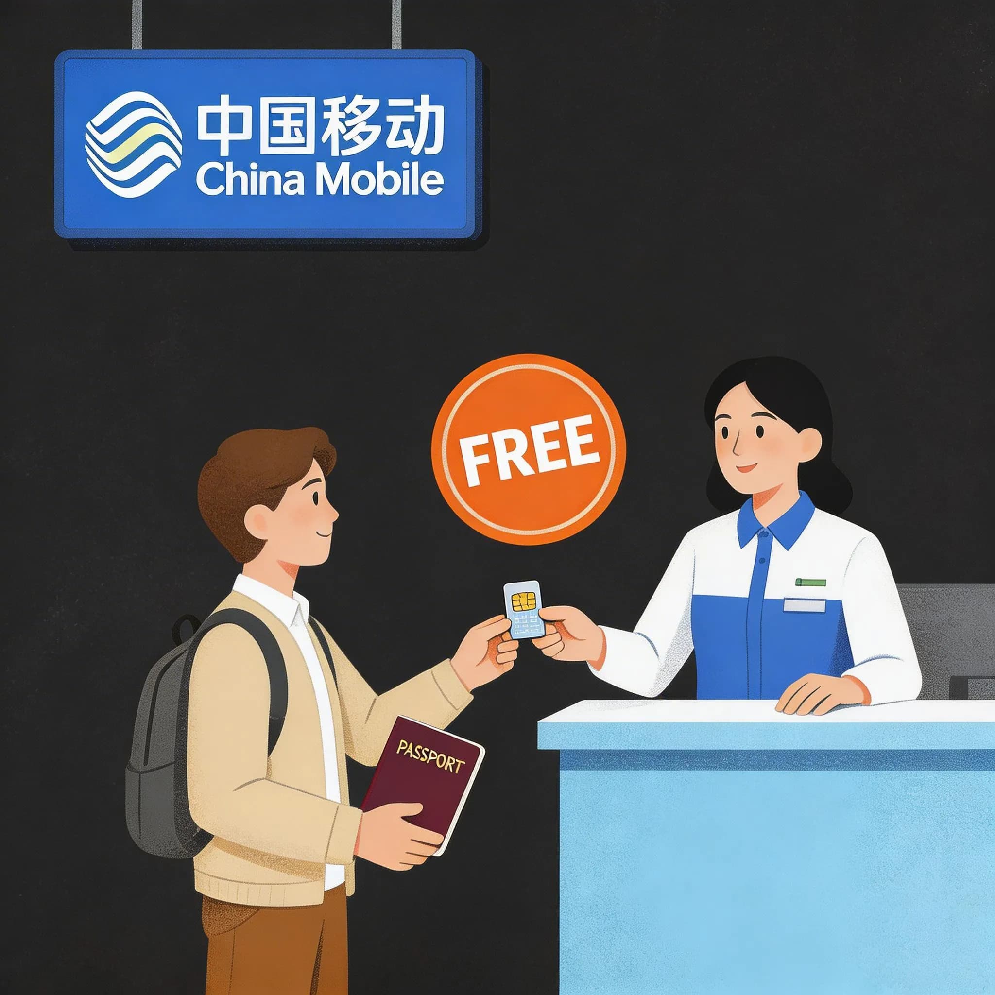 China Mobile store clerk handing a free SIM card to a tourist holding a passport