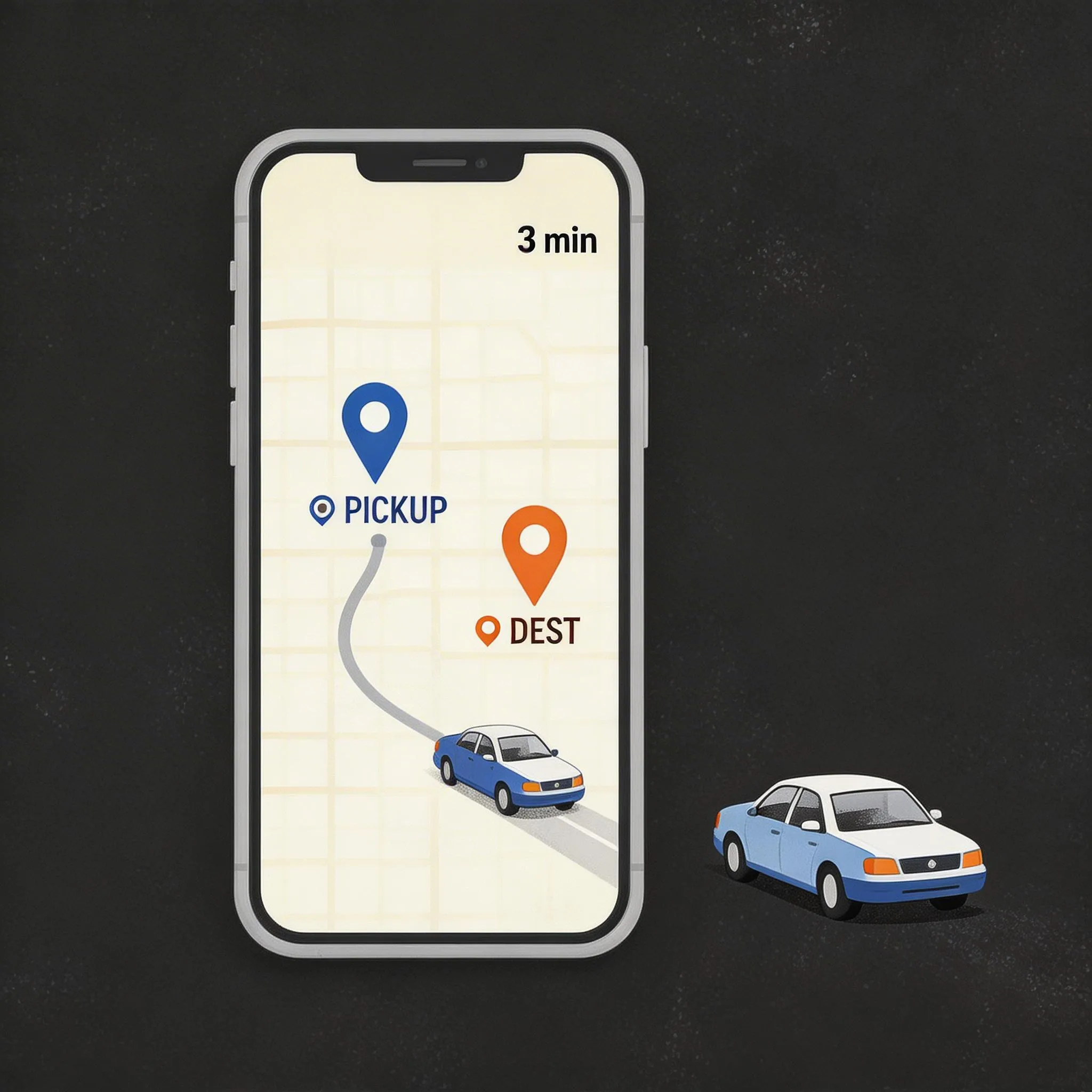 Didi ride-hailing app showing pickup and destination pins with a car 3 minutes away