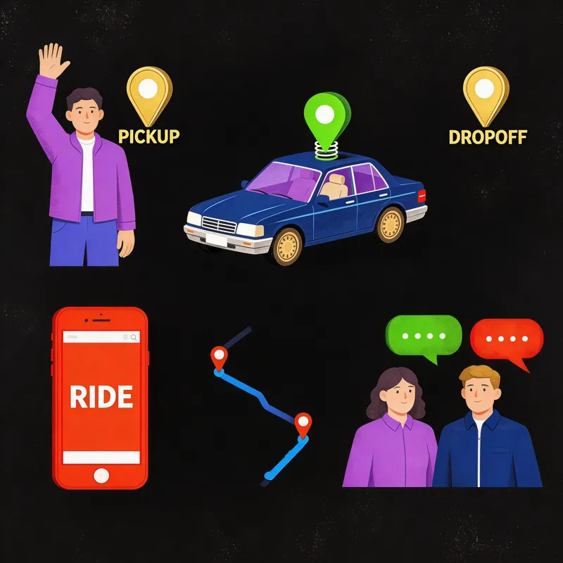 Illustrated ride-hailing app with pickup and dropoff pins — booking a robot taxi in Shenzhen