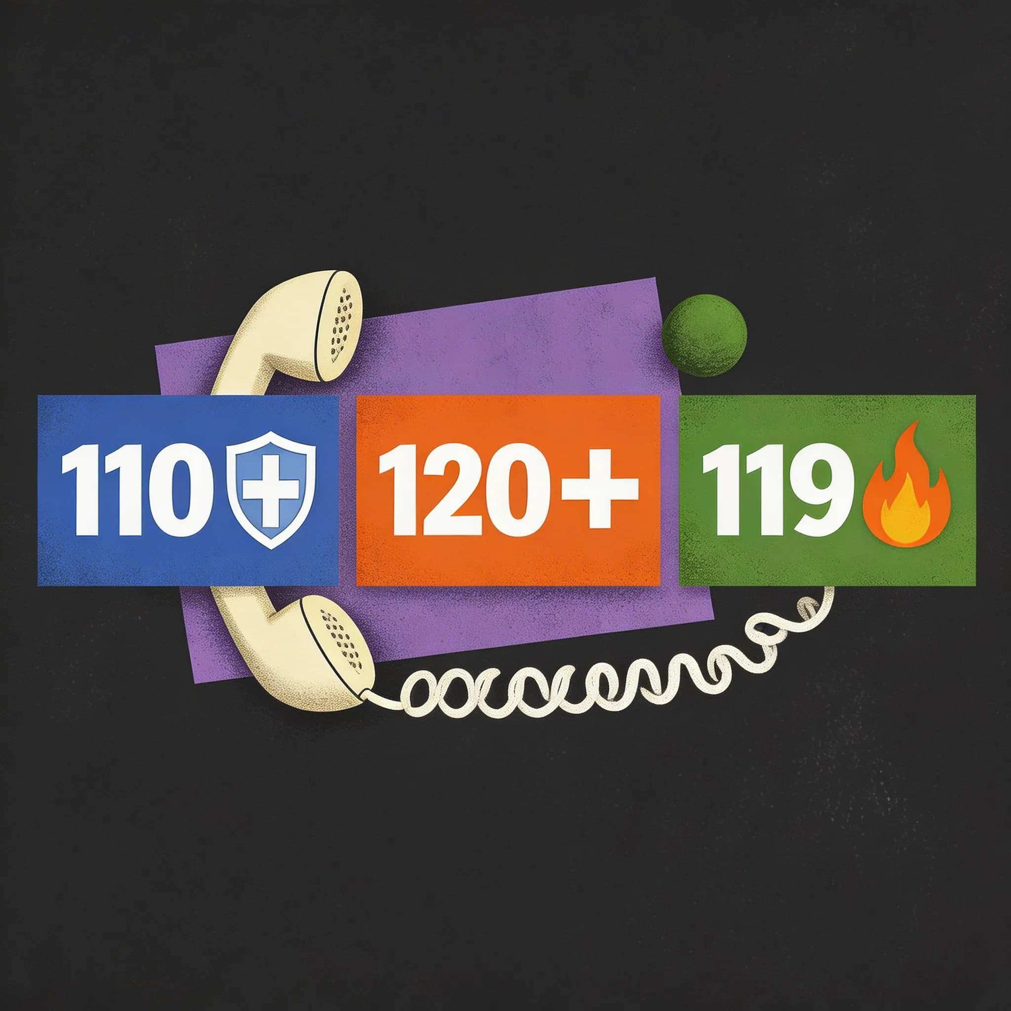 Emergency numbers — 110 police, 120 ambulance, 119 fire — with phone handset