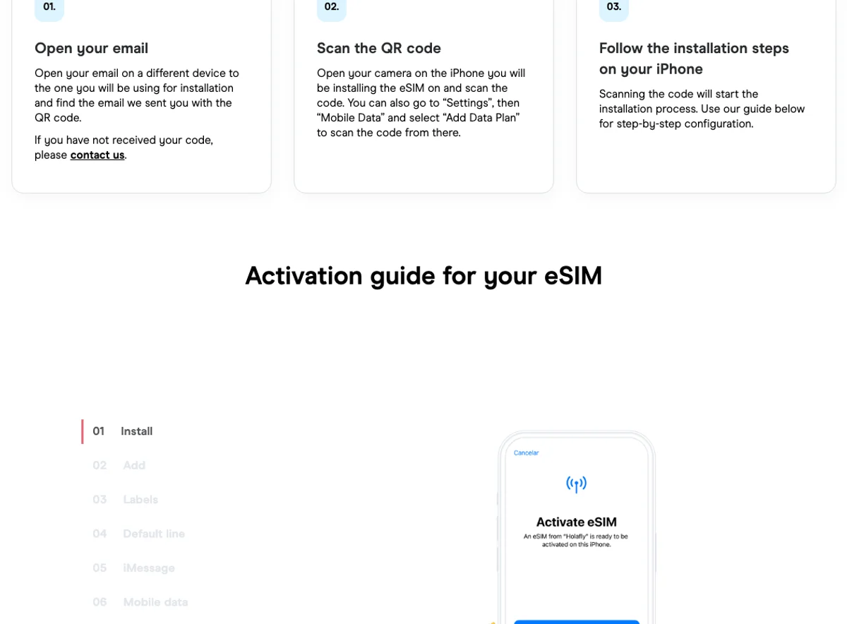 Holafly's official iPhone eSIM setup flow showing email QR, QR scan, and iPhone activation steps