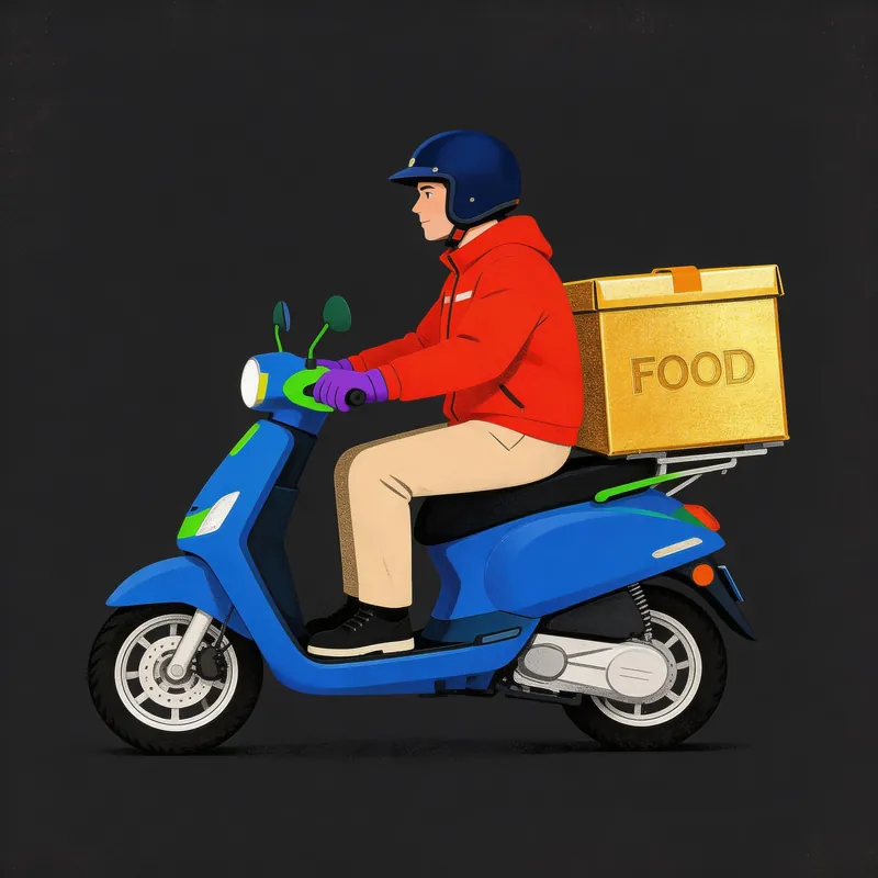 Illustrated food delivery rider on a scooter — Meituan drone delivery starts from the same app
