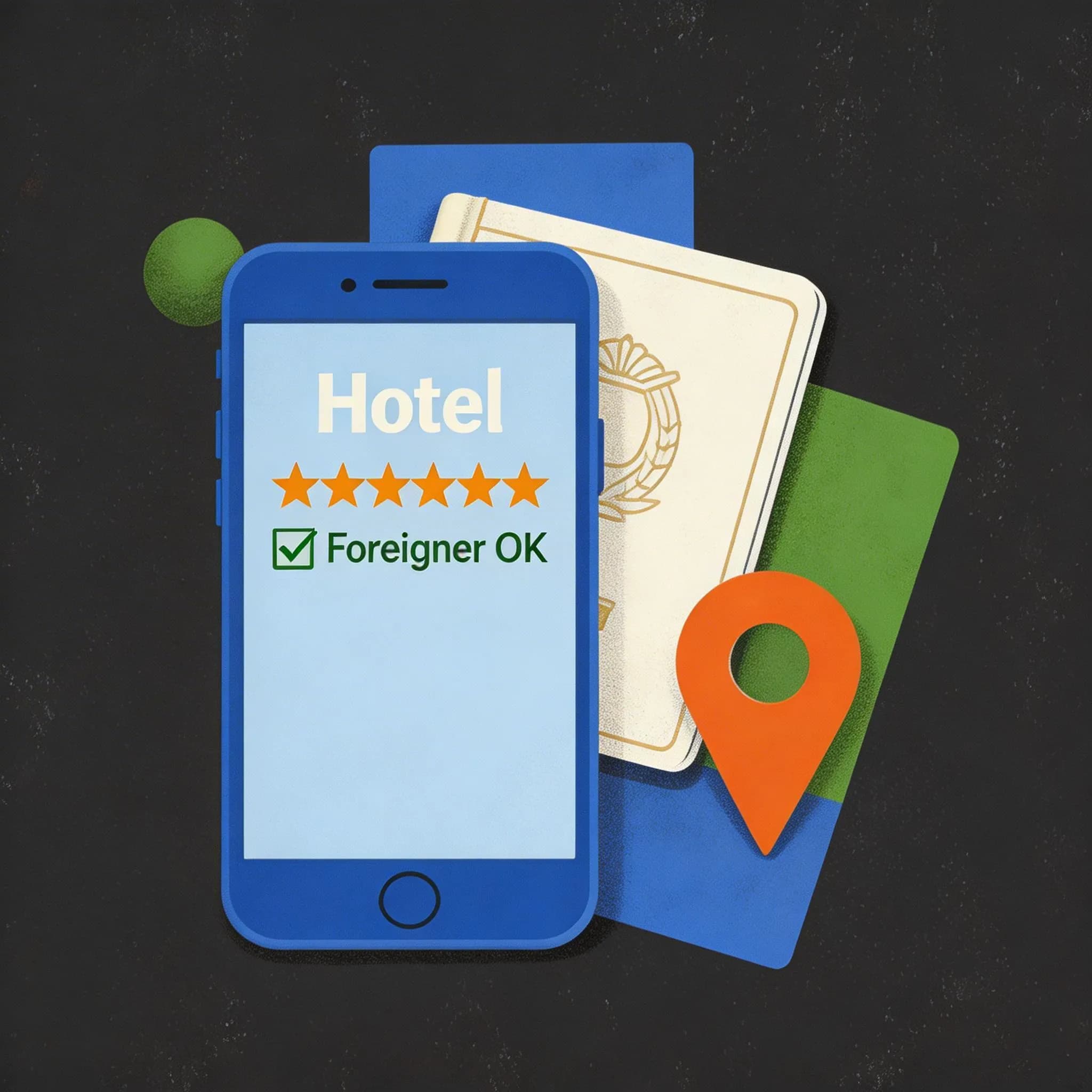 Hotel booking app with star rating, Foreigner OK checkmark, passport, and metro pin
