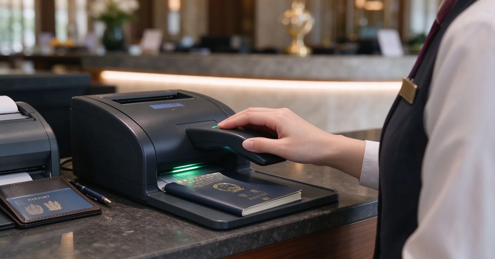 Hotel receptionist placing a guest's passport on a document reader at the front desk, the step where a hotel in China registers a foreign guest