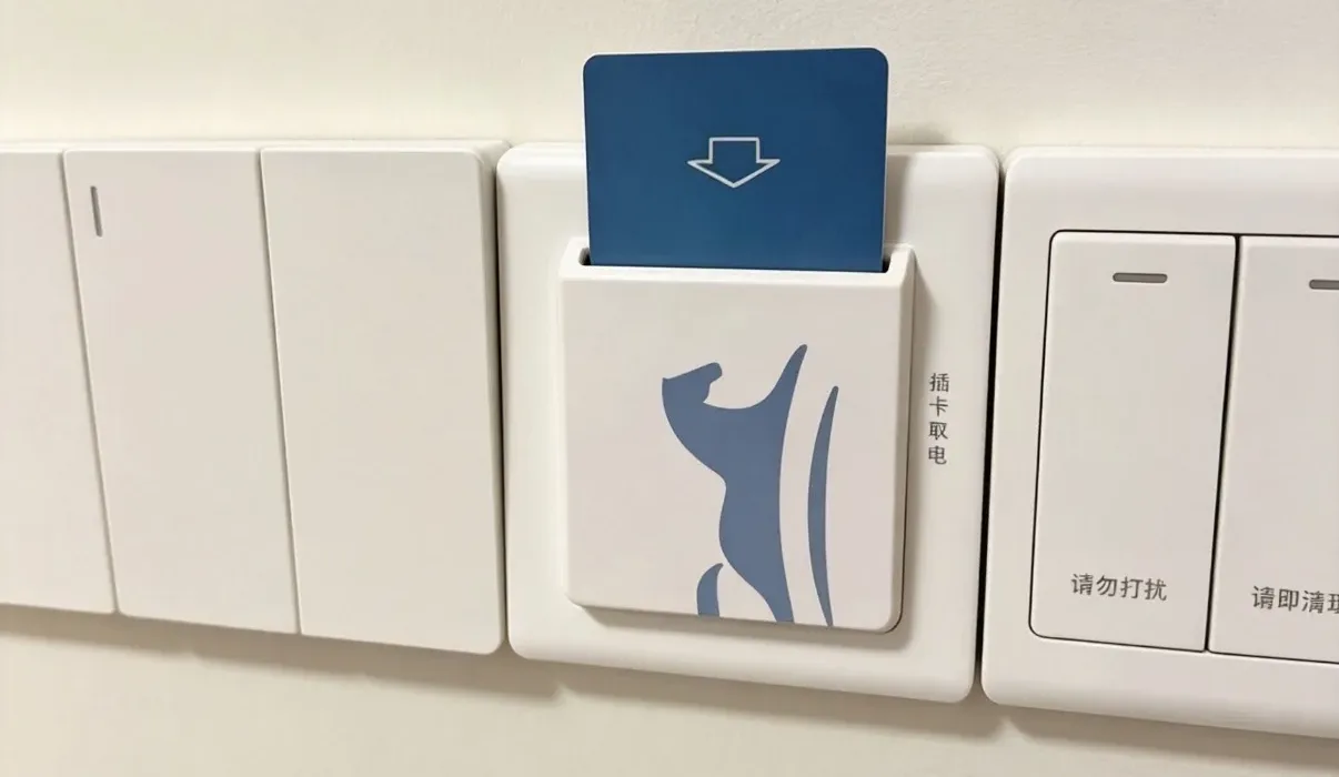 Hotel room key card inserted into the wall power switch marked 插卡取电 next to the light switches in a hotel room