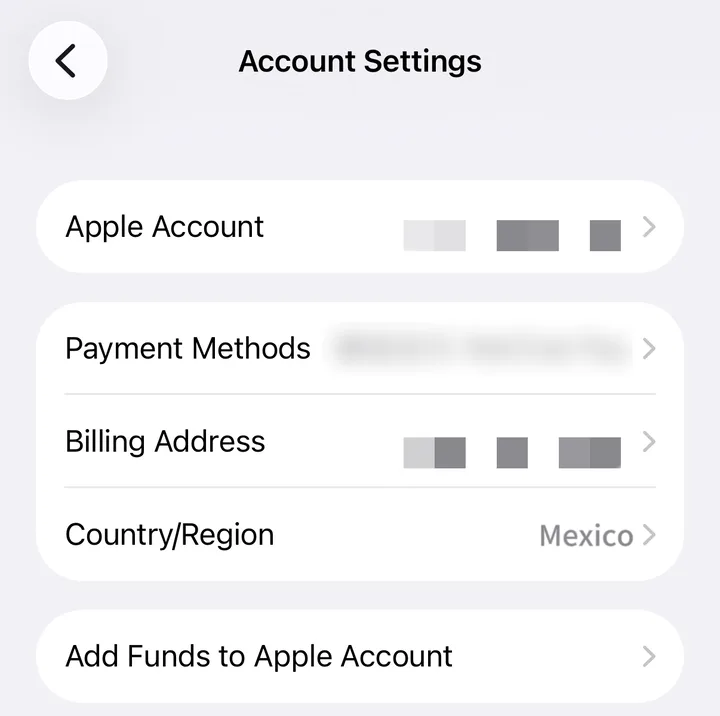 iPhone App Store Account Settings showing the Country/Region set to Mexico rather than mainland China