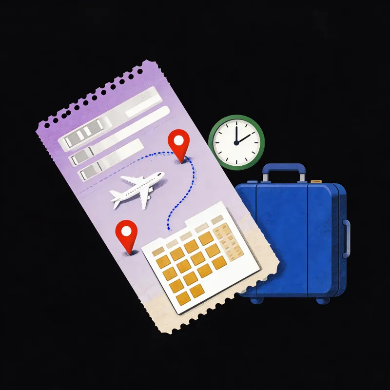 Illustrated travel itinerary with suitcase, flight map, and clock — planning your Shenzhen tech day