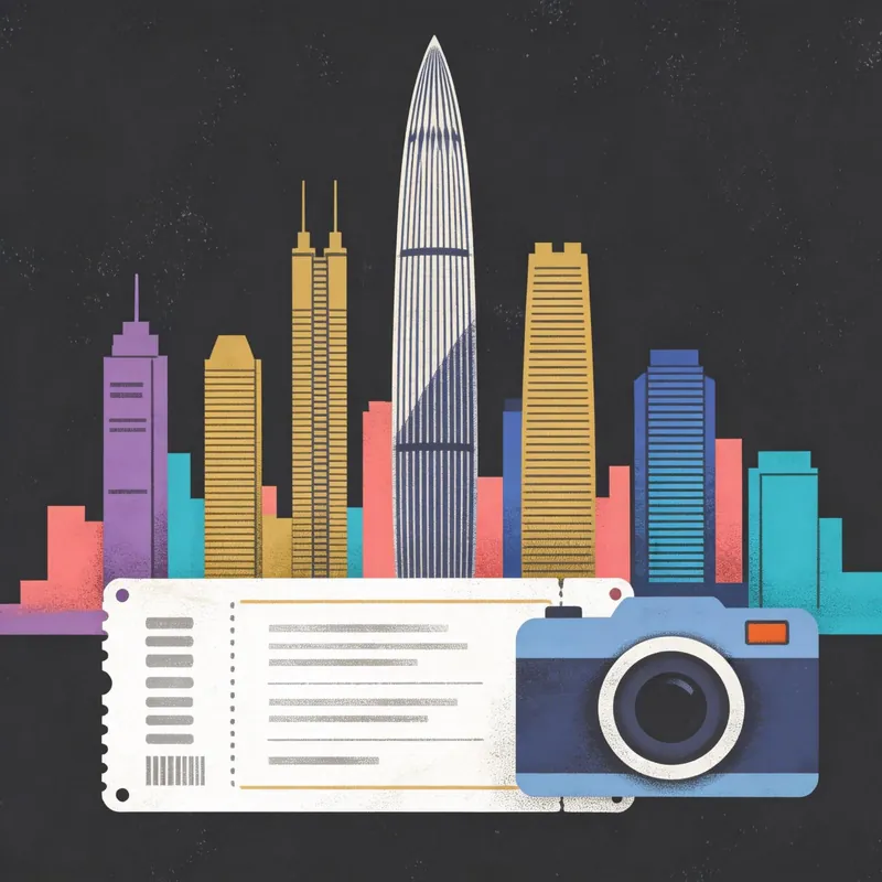 Illustrated Shenzhen skyline with Ping An tower and camera — exploring the electronics capital