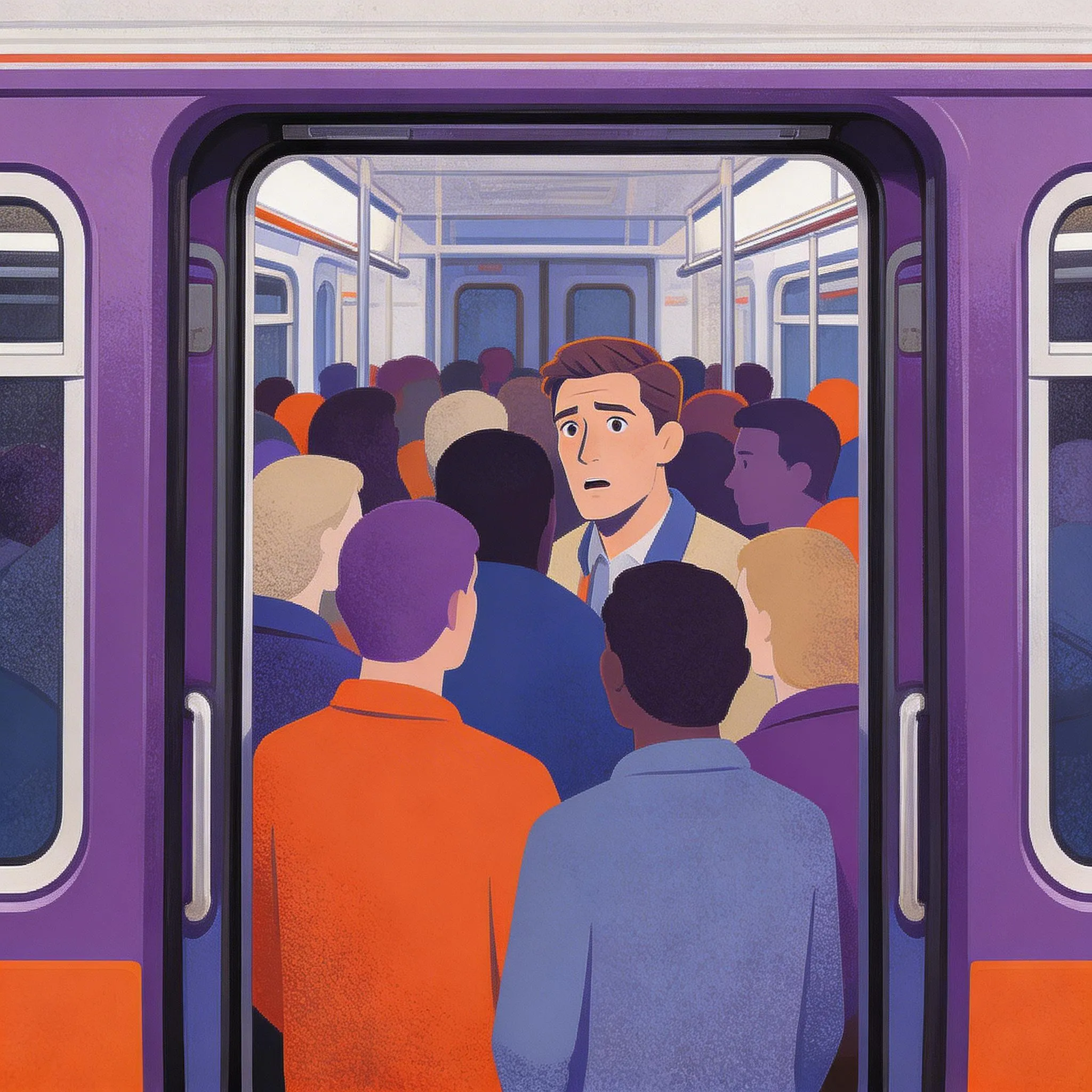 Crowded metro doors — a foreigner looking surprised as passengers push to board