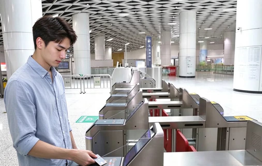 Passenger tapping a bank card on the contactless reader of a metro fare gate, the kind of tap-to-pay entry Shenzhen Metro gates accept