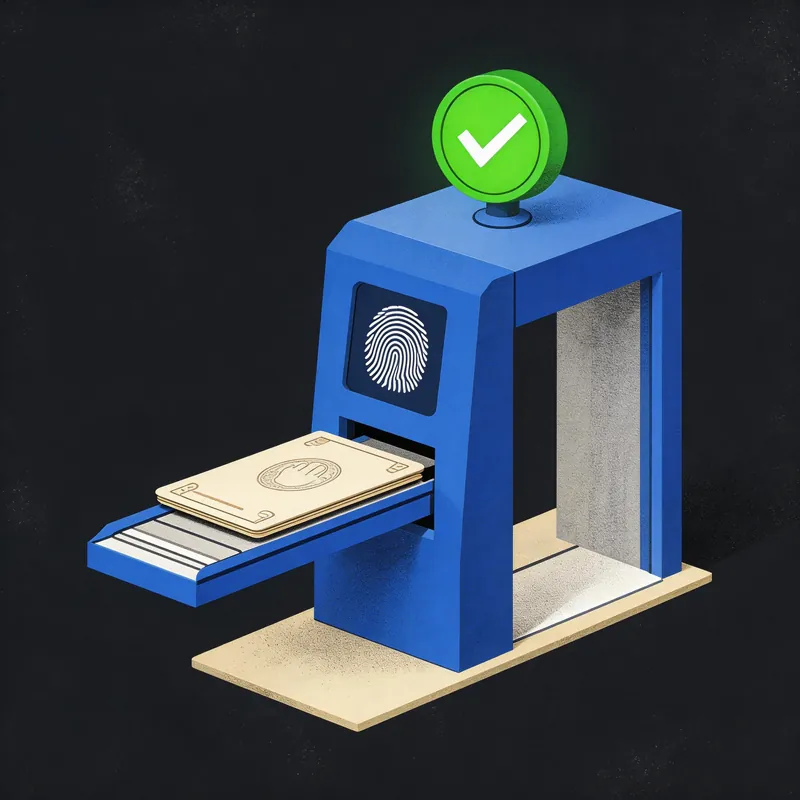 Hotel passport scanner with fingerprint reader and green checkmark — automatic registration