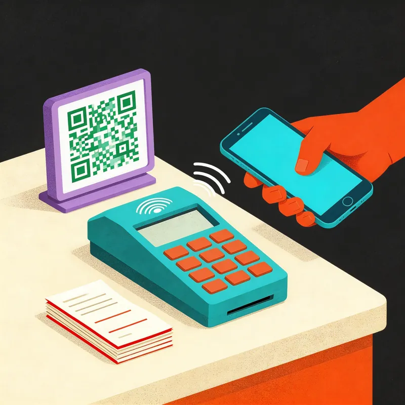 Illustrated QR code scan-to-pay terminal with phone — mobile payment is essential for the tech tour