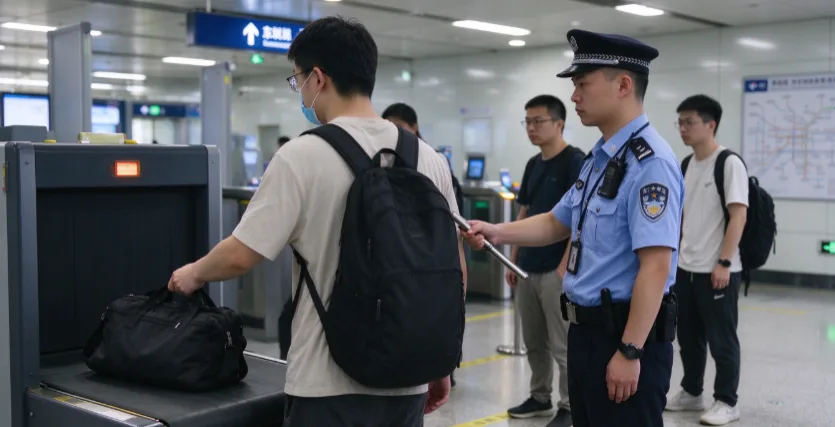 A passenger putting a bag on the X-ray scanner belt at a Shenzhen metro security check while others queue close behind