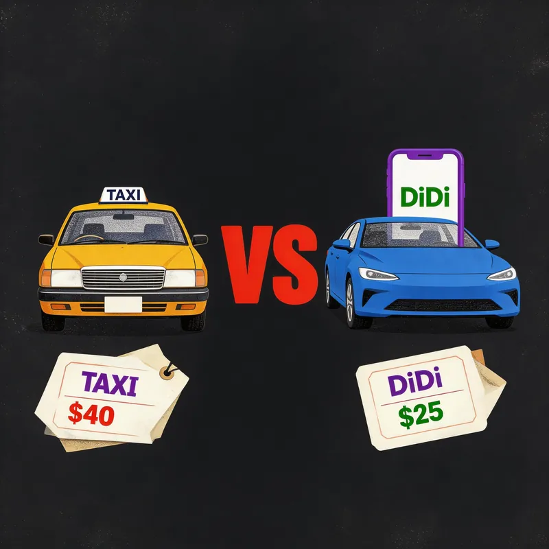 Taxi vs Didi comparison — traditional taxi at $40 vs Didi ride at $25