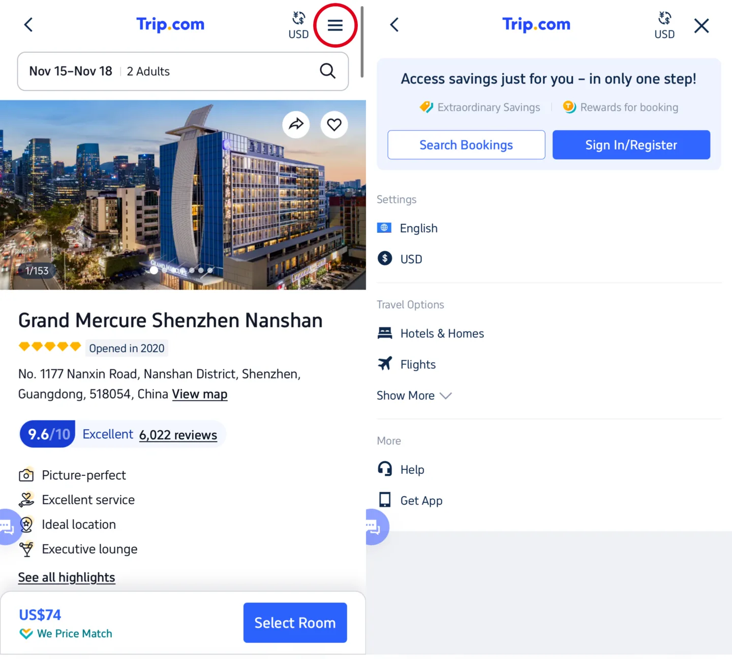 Two Trip.com screens: a hotel page with the three-line menu icon circled in red at the top right, and the opened menu with Help listed under More
