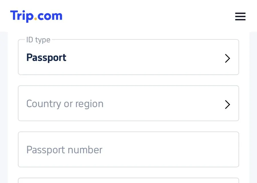 Trip.com passenger form in English with Passport selected as the ID type