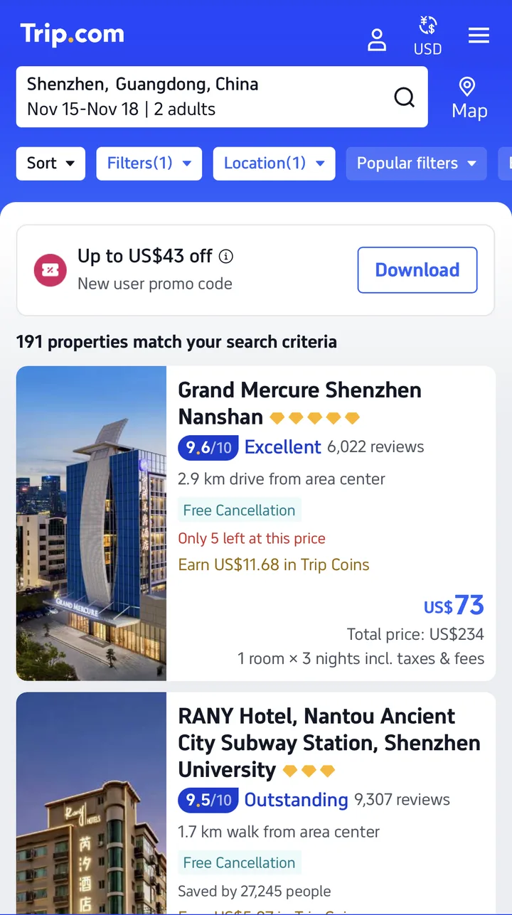 Trip.com search results for Shenzhen hotels from November 15 to 18 with Sort, Filters, Location and Popular filters buttons, each result showing a review score out of 10, distance and total price