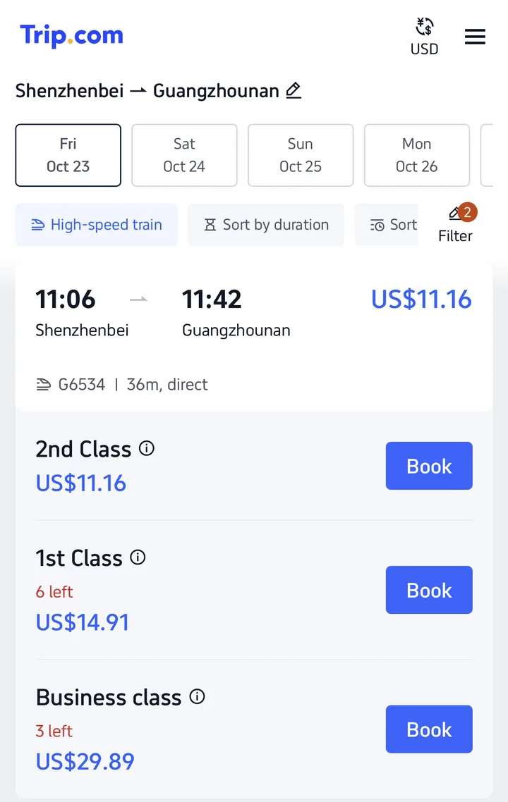Trip.com high-speed train results in English from Shenzhenbei to Guangzhounan with 2nd class fares in US dollars