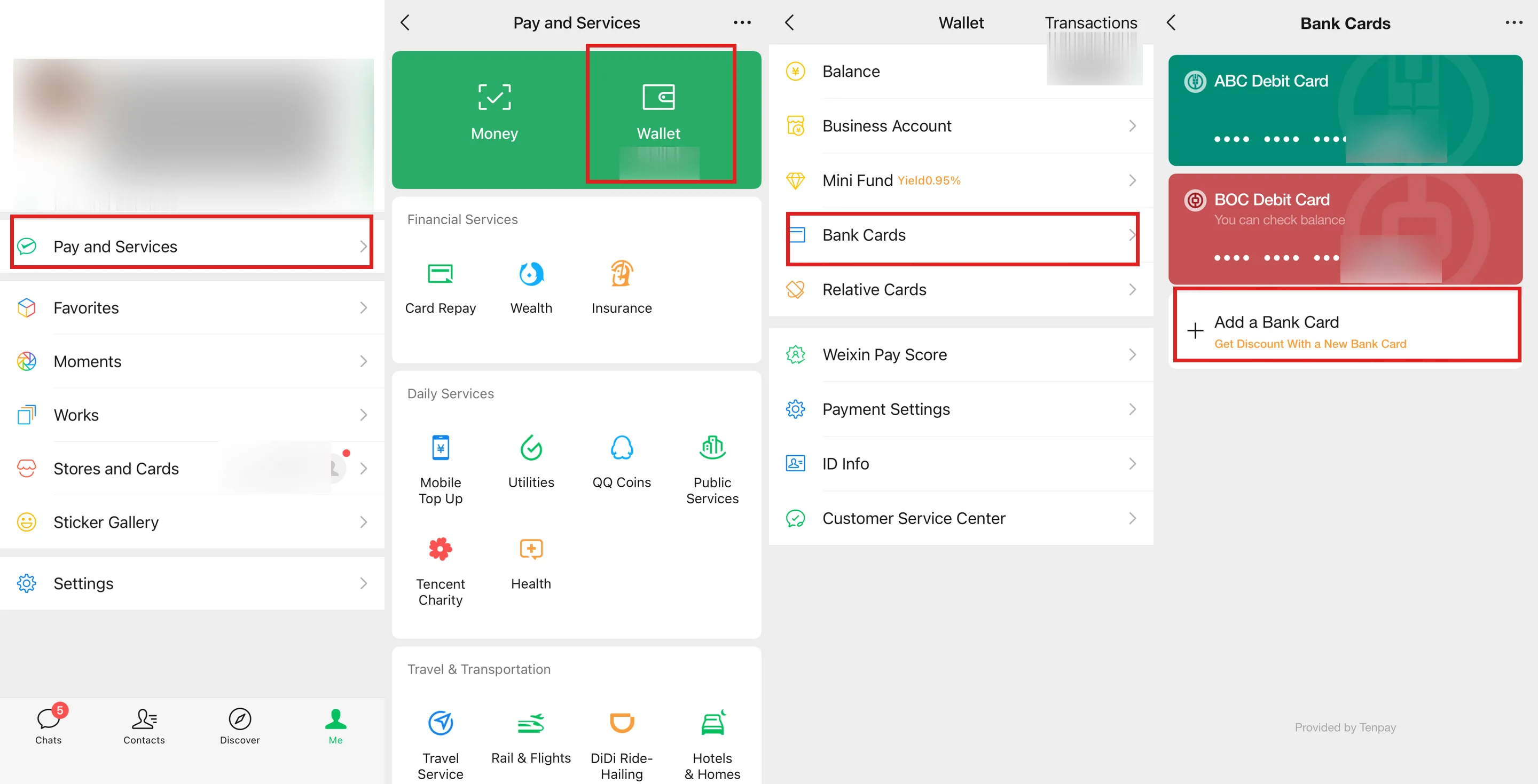 Four WeChat screens with red boxes around Pay and Services, Wallet, Bank Cards and Add a Bank Card
