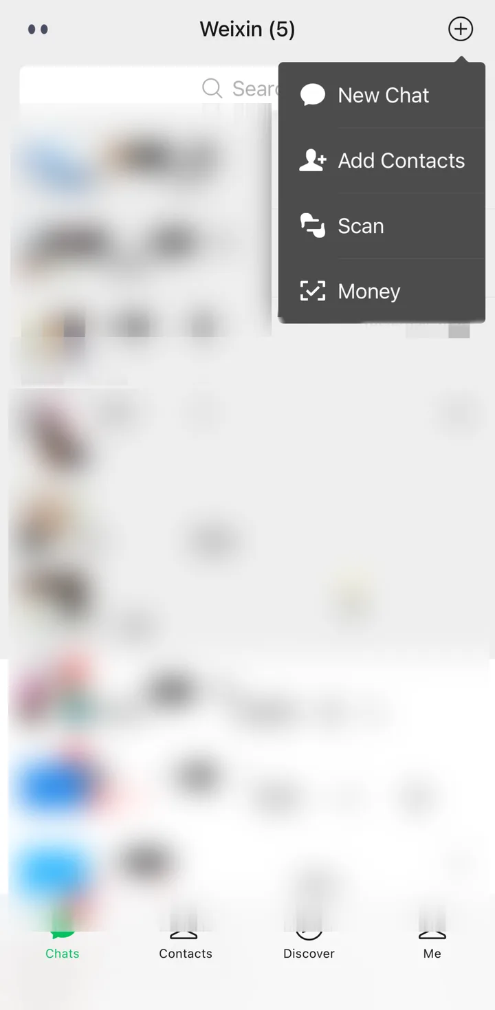 WeChat plus menu open to New Chat, Add Contacts, Scan and Money