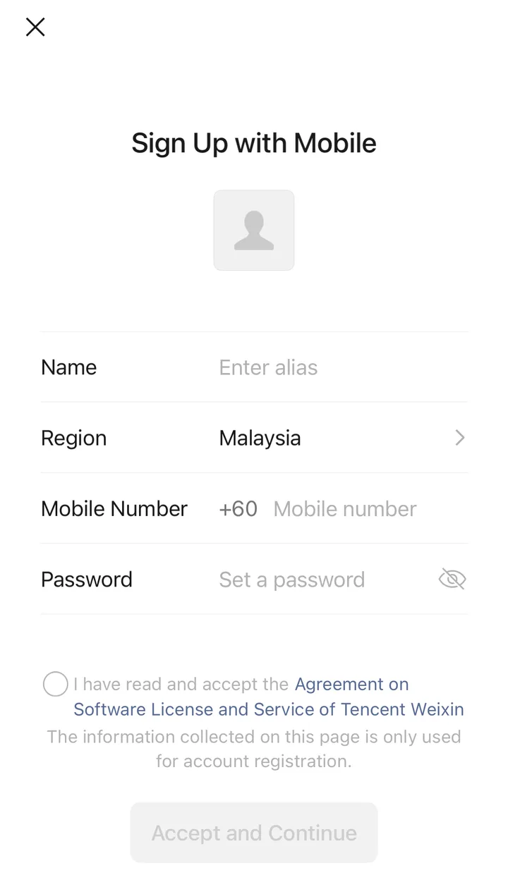 WeChat Sign Up with Mobile screen in English with the region set to Malaysia and a +60 foreign mobile number field