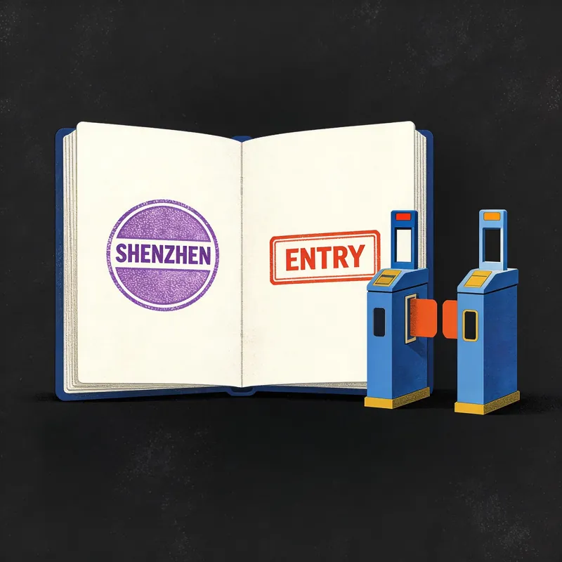 Illustrated passport with a Shenzhen entry stamp beside two automated border gates